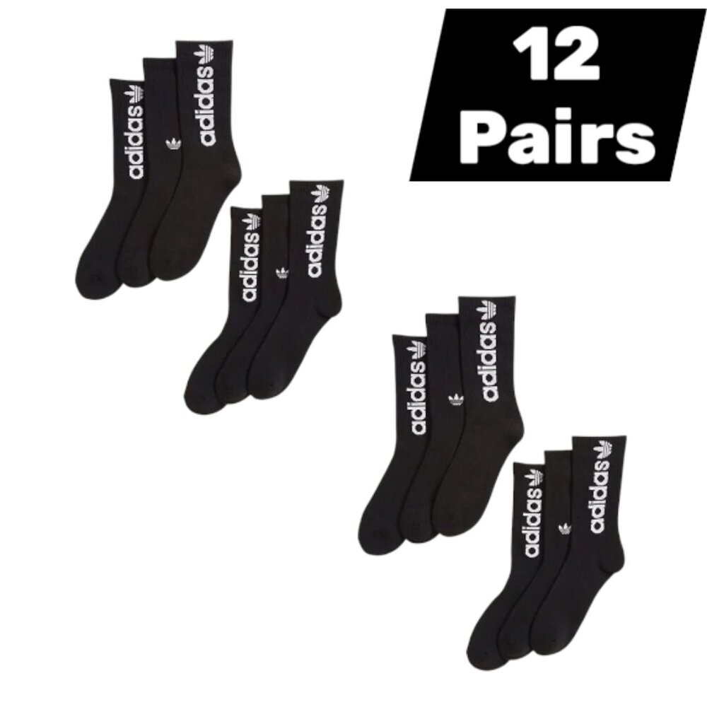 12 Pair Adidas Men's Trefoil Crew Socks Large 6-12 Spellout Logo Athletic NEW